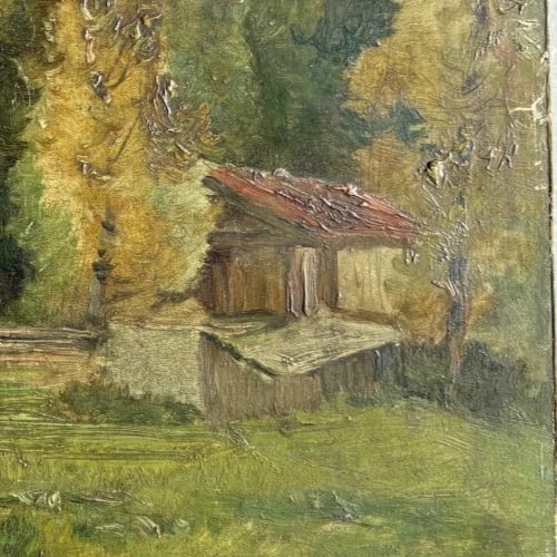 Antique Original Painting Signed Landscape, Trees, Forest, House, Nature - 4
