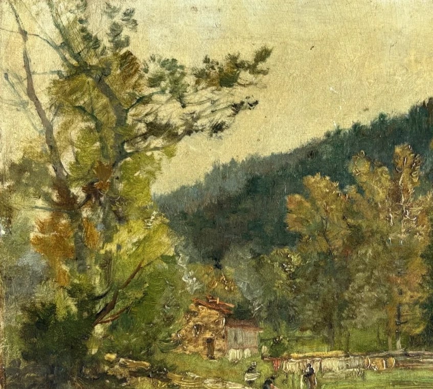 Antique Original Painting Signed Landscape, Trees, Forest, House, Nature - 5