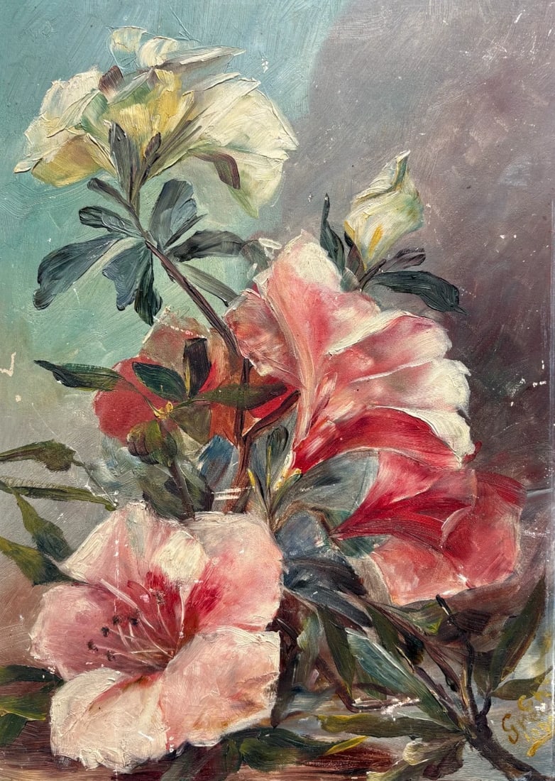Antique Painting Original Flowers, Floral, Still Life, signed: Oil on cardboard 33 x 24 cm / 12.99 x 9.44 inches signed small damages Charles CRES (1850-1907) Reserve: $200.00 Shipping: Domestic: Flat-rate of $45.00 to anywhere within the contiguous U.S.