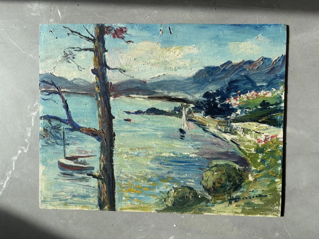 Maritime, Sea, Mountain, Boats - Painting Antique Original Signed - 6