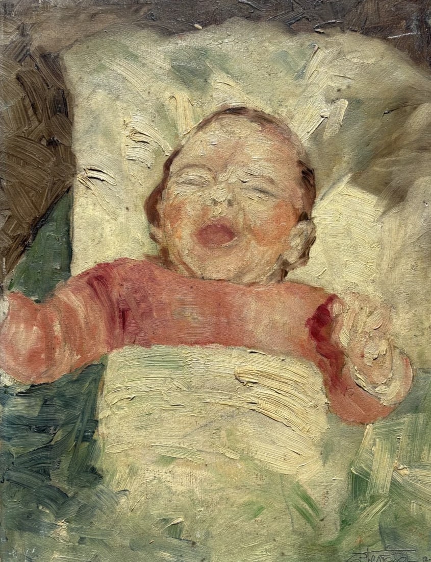 Baby Crying Portrait - Painting Antique Oil Original: Description Oil on cardboard 28 x 36 cm / 11.02 x 14.17 inches signed Reserve: $150.00 Shipping: Domestic: Flat-rate of $45.00 to anywhere within the contiguous U.S. International: Foreign shipping