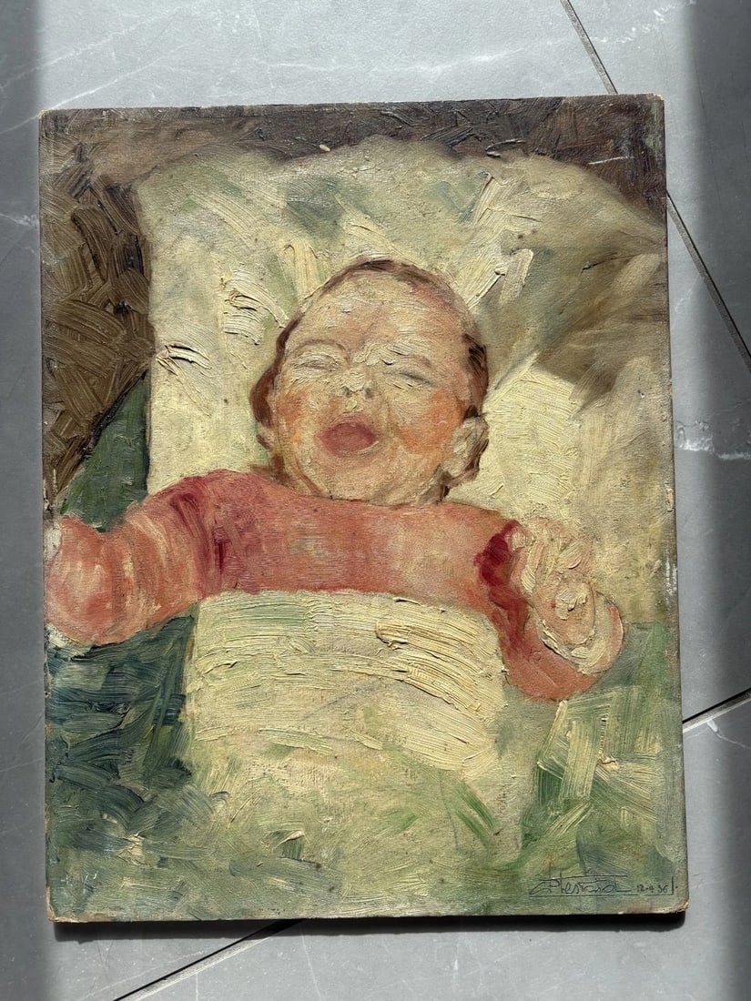 Baby Crying Portrait - Painting Antique Oil Original - 2
