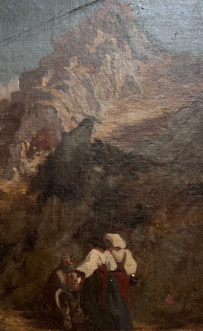 19th century Religious, Women, Mountain, Landscape - Painting Antique Original: Description Oil on cardboard 20.5 x 30.5 cm / 8.07 x 12 inches small damages Reserve: $300.00 Shipping: Domestic: Flat-rate of $45.00 to anywhere within the contiguous U.S. International: Foreign