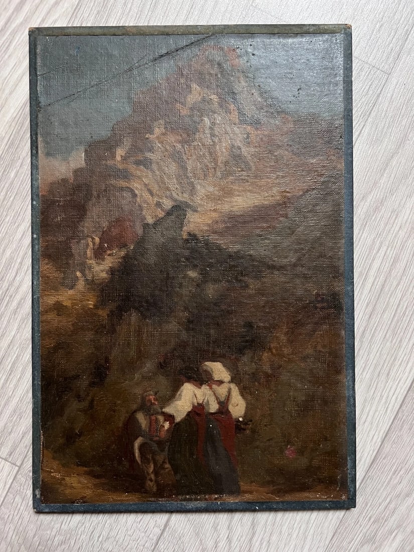 19th century Religious, Women, Mountain, Landscape - Painting Antique Original - 2