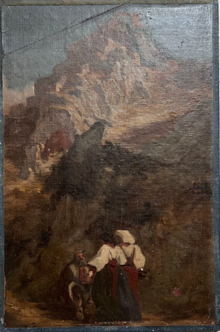 19th century Religious, Women, Mountain, Landscape - Painting Antique Original - 6