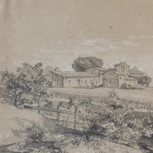 19th century Landscape House Forest Millery Drawing Antique Original 1836 - 3