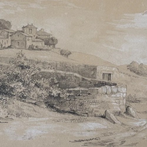 19th century Landscape House Forest Millery Drawing Antique Original 1836 - 5