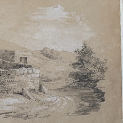 19th century Landscape House Forest Millery Drawing Antique Original 1836 - 6