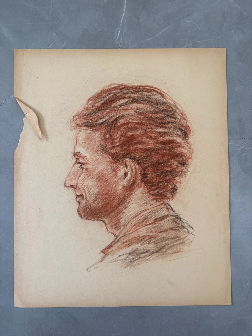Antique Original Drawing Albert FIGAY (1907-2004) Man Portrait, Red Chalk - 2