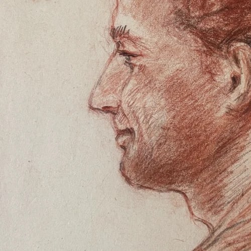 Antique Original Drawing Albert FIGAY (1907-2004) Man Portrait, Red Chalk - 3