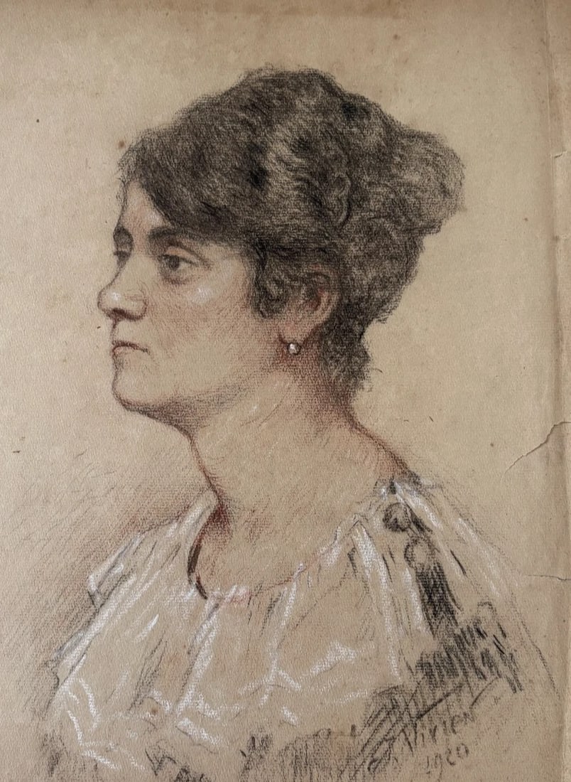 Antique Original Drawing Woman Portrait, Profil signed 1920 (1 of 8)