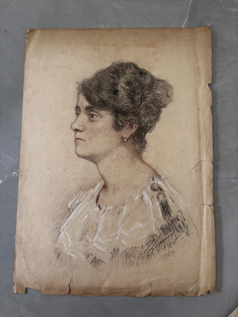 Antique Original Drawing Woman Portrait, Profil signed 1920 - 2