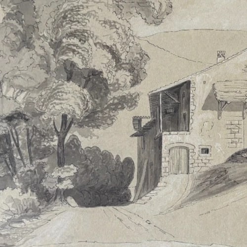 Antique Original Drawing Landscape, House, Trees 19th century 1843 - 3