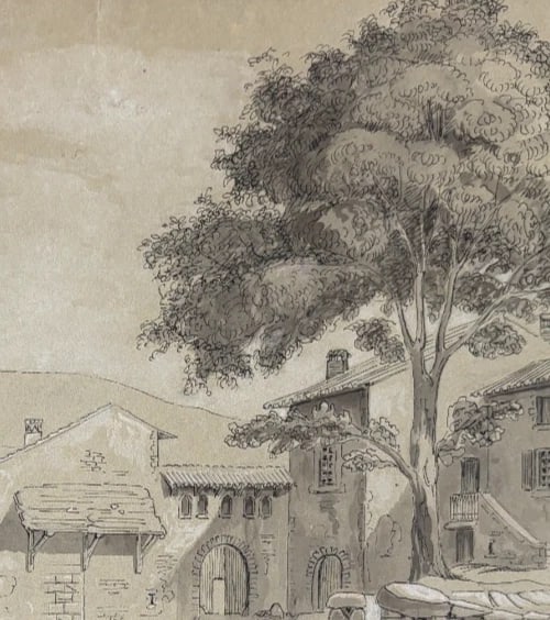 Antique Original Drawing Landscape, House, Trees 19th century 1843 - 4