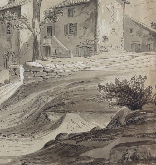 Antique Original Drawing Landscape, House, Trees 19th century 1843 - 5