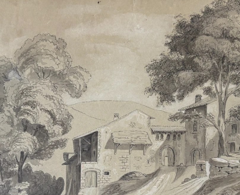 Antique Original Drawing Landscape, House, Trees 19th century 1843 - 6