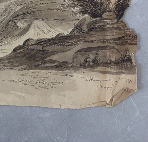 Antique Original Drawing Landscape, House, Trees 19th century 1843 - 7