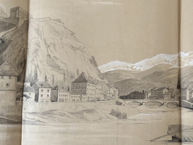 Antique Original Drawing Landscape, Grenoble, City 19th century 1841 - 6