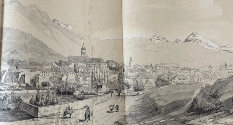 Antique Original Drawing Landscape, Mountain Alpes Cityview 19th century 1841: Description Ink on paper 28 x 57 cm stains, cuts, folds Reserve: $120.00 Shipping: Domestic: Flat-rate of $22.00 to anywhere within the contiguous U.S. International: Foreign shipping rates are