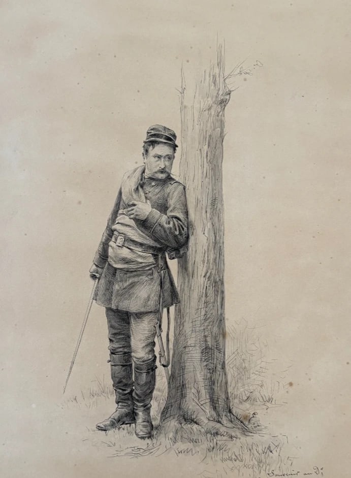 19th century Félix BERNE-BELLECOUR Portrait Military Drawing Vintage Original: Description Ink on paper 34 x 29 cm folds, cuts, stains Reserve: $180.00 Shipping: Domestic: Flat-rate of $22.00 to anywhere within the contiguous U.S. International: Foreign shipping rates are