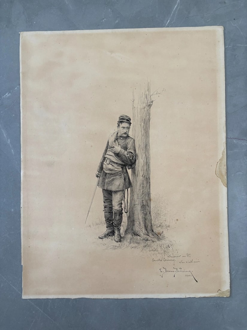 19th century Félix BERNE-BELLECOUR Portrait Military Drawing Vintage Original - 2
