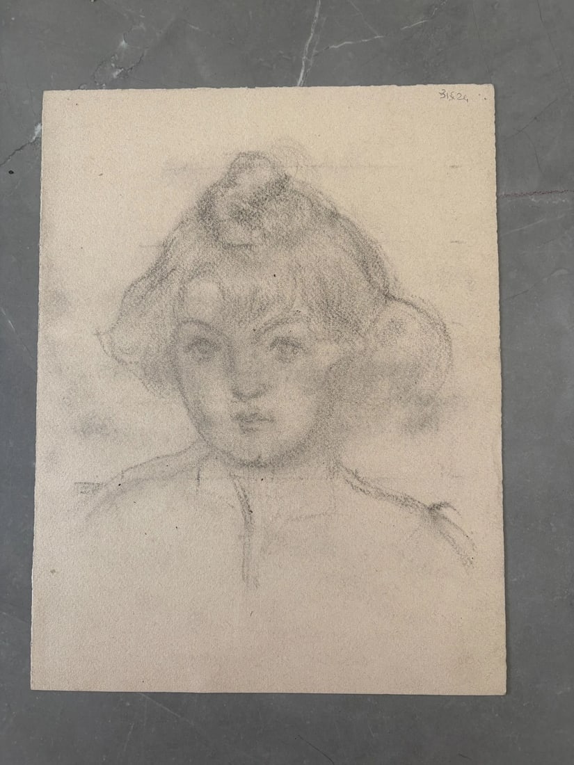 Antique Original Drawing Child, Girl Portrait - 3