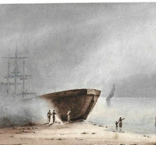 Antique Drawing Original 19th century Seascape, Boat, People Artwork: Description Gouache on paper 3.54 x 5.95 inches cuts, fold Reserve: $50.00 Shipping: Domestic: Flat-rate of $22.00 to anywhere within the contiguous U.S. International: Foreign shipping rates are dete