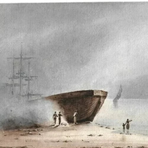 Antique Drawing Original 19th century Seascape, Boat, People Artwork - 3