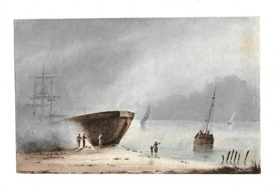Antique Drawing Original 19th century Seascape, Boat, People Artwork - 4