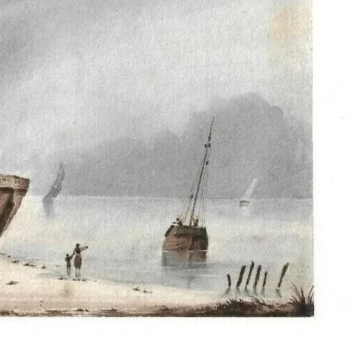 Antique Drawing Original 19th century Seascape, Boat, People Artwork - 6