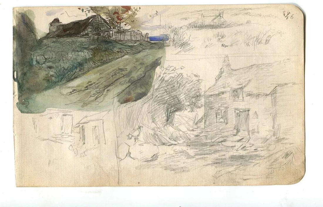 Vintage Pencil Original Drawing House Landscape Sketch Forest - 8
