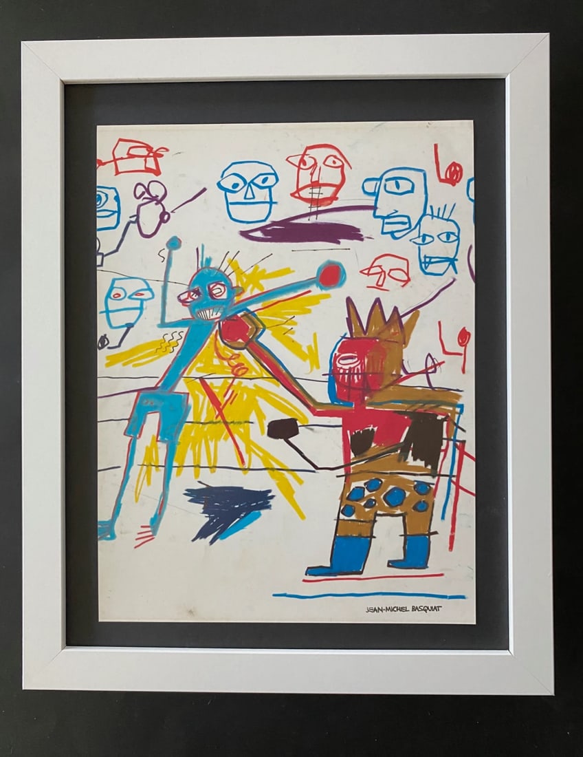 JEAN MICHEL BASQUIAT | SIGNED PRINT | MOUNTED IN NEW FRAME READY FOR DISPLAY!: JEAN MICHEL BASQUIAT 1980'S VINTAGE PRINT FACSIMILE SIGNED IN INK JEAN MICHEL BASQUIAT HIGH QUALITY PLATE MEASURE IS ABOUT 10X8 IN VERY GOOD CONDITION WITH EXPECTED HANDLING, CREASING AND TONING FOR