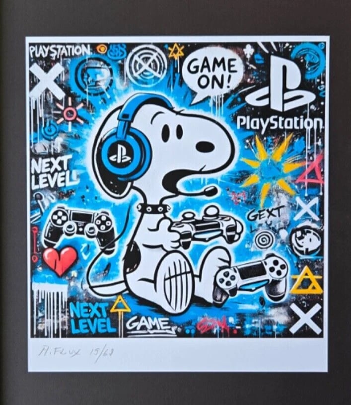 AIDAN FLUX | Hand Signed Print Framed LtdEd of 69 COA SNOOPY PLAYSTATION GAMER - 2