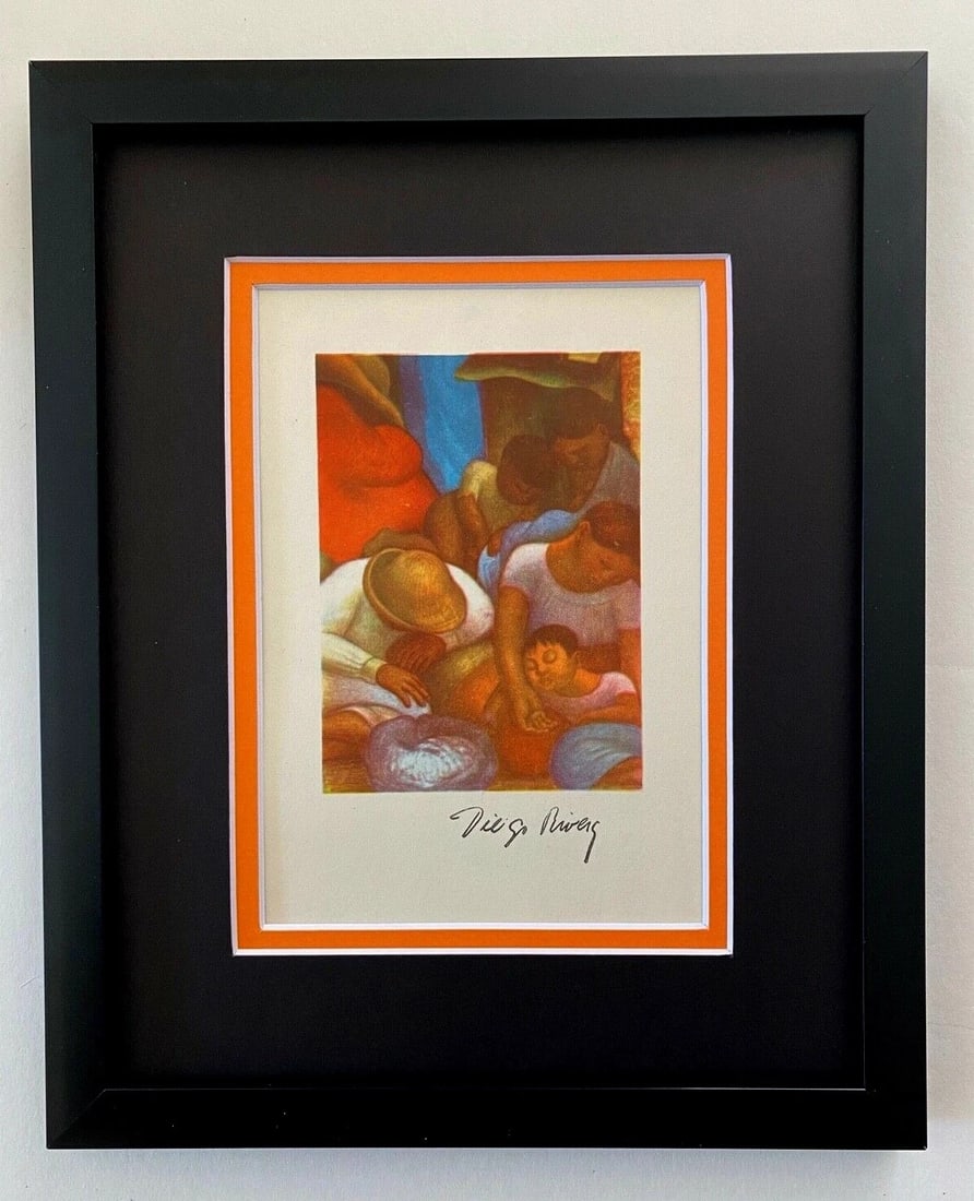 DIEGO RIVERA + ORIGINAL 1946 + SIGNED VINTAGE PRINT + IN CARDBOARD + MATTED: This is a Beautiful and Scarce Original 1946 Print Double Matted After the Masterwork of DIEGO RIVERA " Night of the Poor " Facsimile Signed in Black Ink Art Print is about 8 X 6 in. Double Matted to
