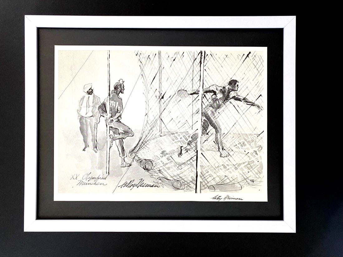 LEROY NEIMAN + 1972 Olympics VINTAGE SIGNED PRINT FRAMED + MUNICH + INDIA TEAM: LEROY NEIMAN AWESOME 1972 PRINT AFTER THE SERIGRAPH " INDIA TEAM AT MUNICH 1972" FASCIMILE SIGNED IN INK MONOCHROMATIC PRINT SIZE OF THE PRINT IS ABOUT: 9 X 11 in FRAME COVERS AN AREA OF 12 X 15 in MO