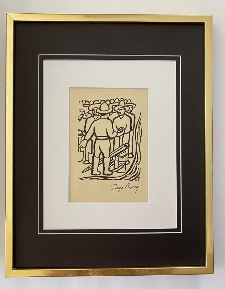 DIEGO RIVERA ORIGINAL 1931 + SIGNED VINTAGE PRINT + DOUBLE MATTED NEW FRAME: This is a Beautiful and Scarce Original 1931 Vintage Print After DIEGO RIVERA FACSIMILE SIGNED IN INK Art Print is 7 X 5 in. Double Matted in White and Black and Framed in a New 14x11 in. Vintage