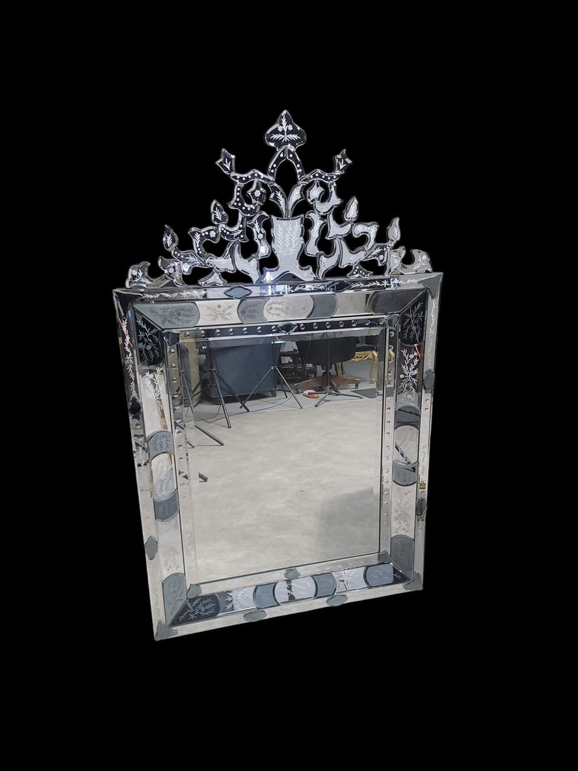 Vintage Venetian Etched and Beveled Wall Mirror: Vintage Italian Venetian Etched & Beveled Glass Wall MirrorThe frame has been carved with small leafy flourishes. Decorate your bedroom, living room, or office space. Circa Mid 20th