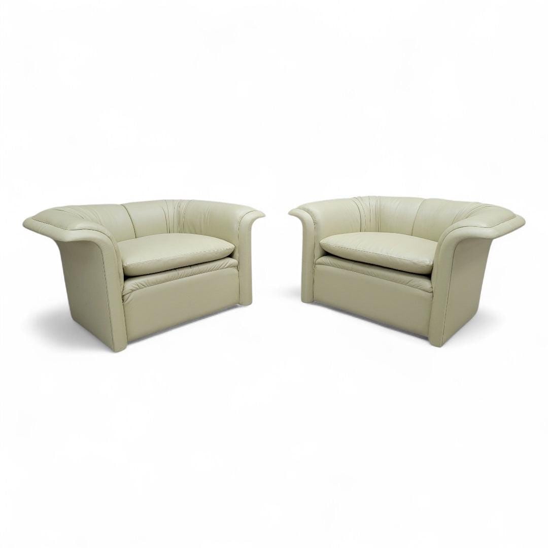 MCM Oversized Flare Arm Lounge Chairs for Dunbar Newly Reupholstered - Pair: Mid Century Modern Oversized Flare Arm Lounge Chairs By Dennis Christianson for Dunbar Newly Upholstered in "Lemon Grass” Light Green Leather - PairVintage pair of stylish oversized flare arm