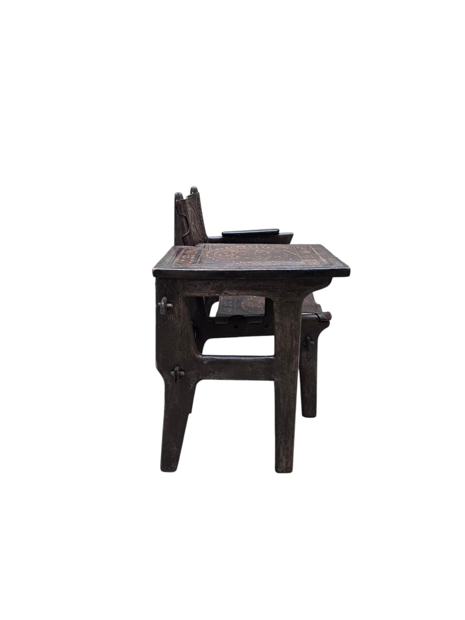 Vintage Rustic Tooled Leather Primitive Gossip Chair by Angel Pazmino - 5