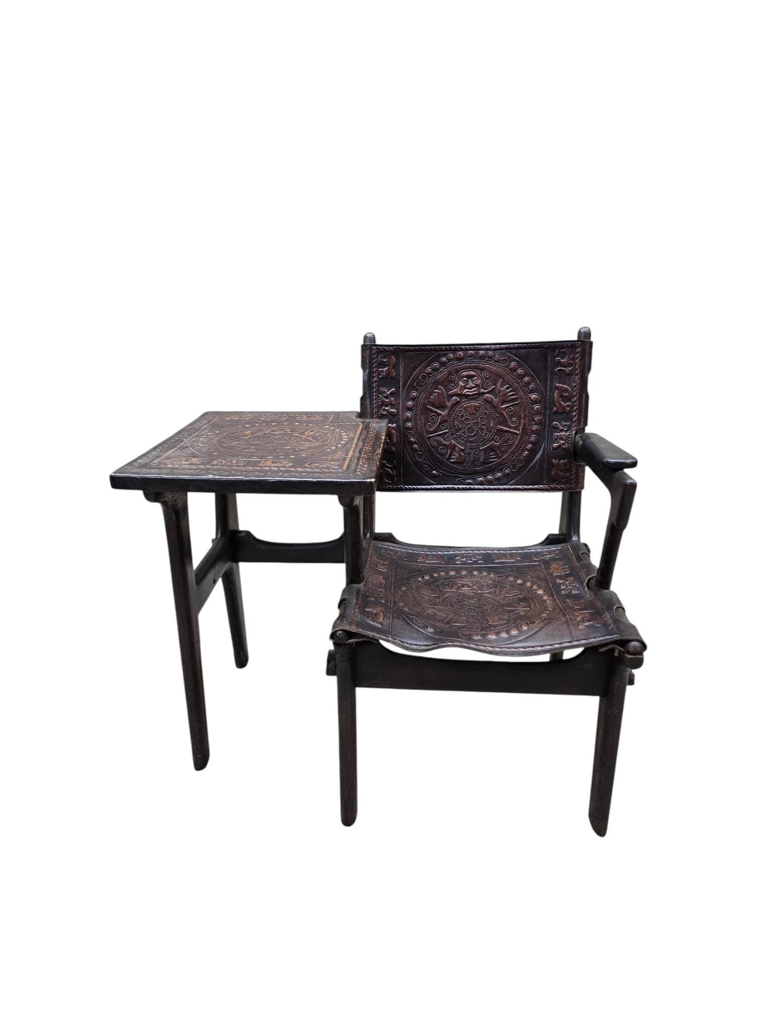 Vintage Rustic Tooled Leather Primitive Gossip Chair by Angel Pazmino - 6