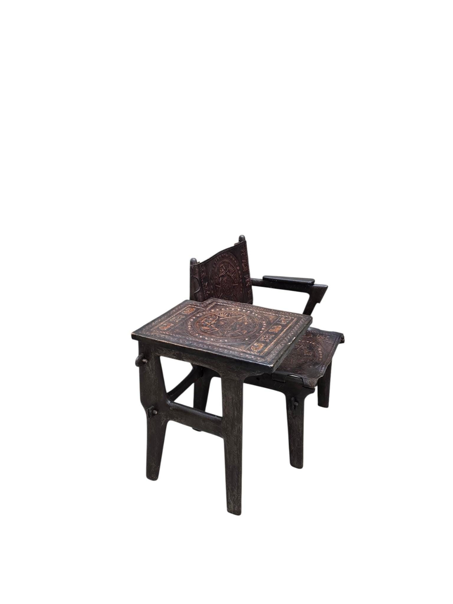 Vintage Rustic Tooled Leather Primitive Gossip Chair by Angel Pazmino - 7