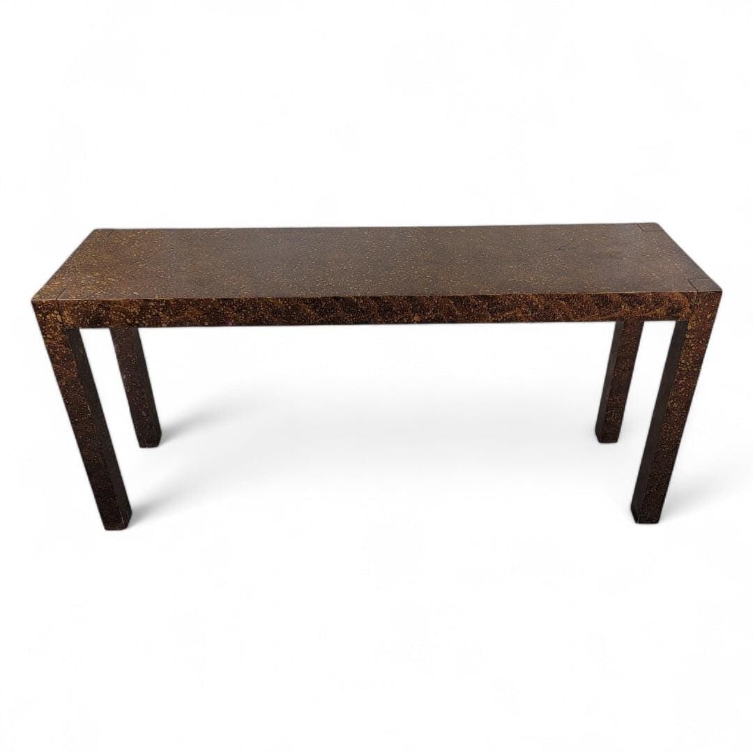 MCM Milo Baughman Style Faux Tortoise Parsons Sofa/Console Table: Mid Century Modern Milo Baughman Style Faux Tortoise Drip Glaze Parsons Sofa/Console TableThis MCM sofa/console table, inspired by the iconic designs of Milo Baughman, features a striking faux
