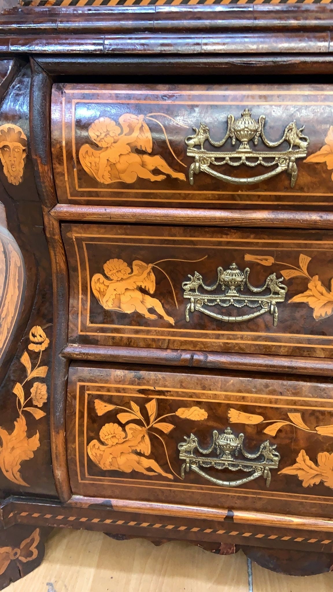 Antique Dutch Marquetry Vitrine Cabinet/Display Hutch - 6
