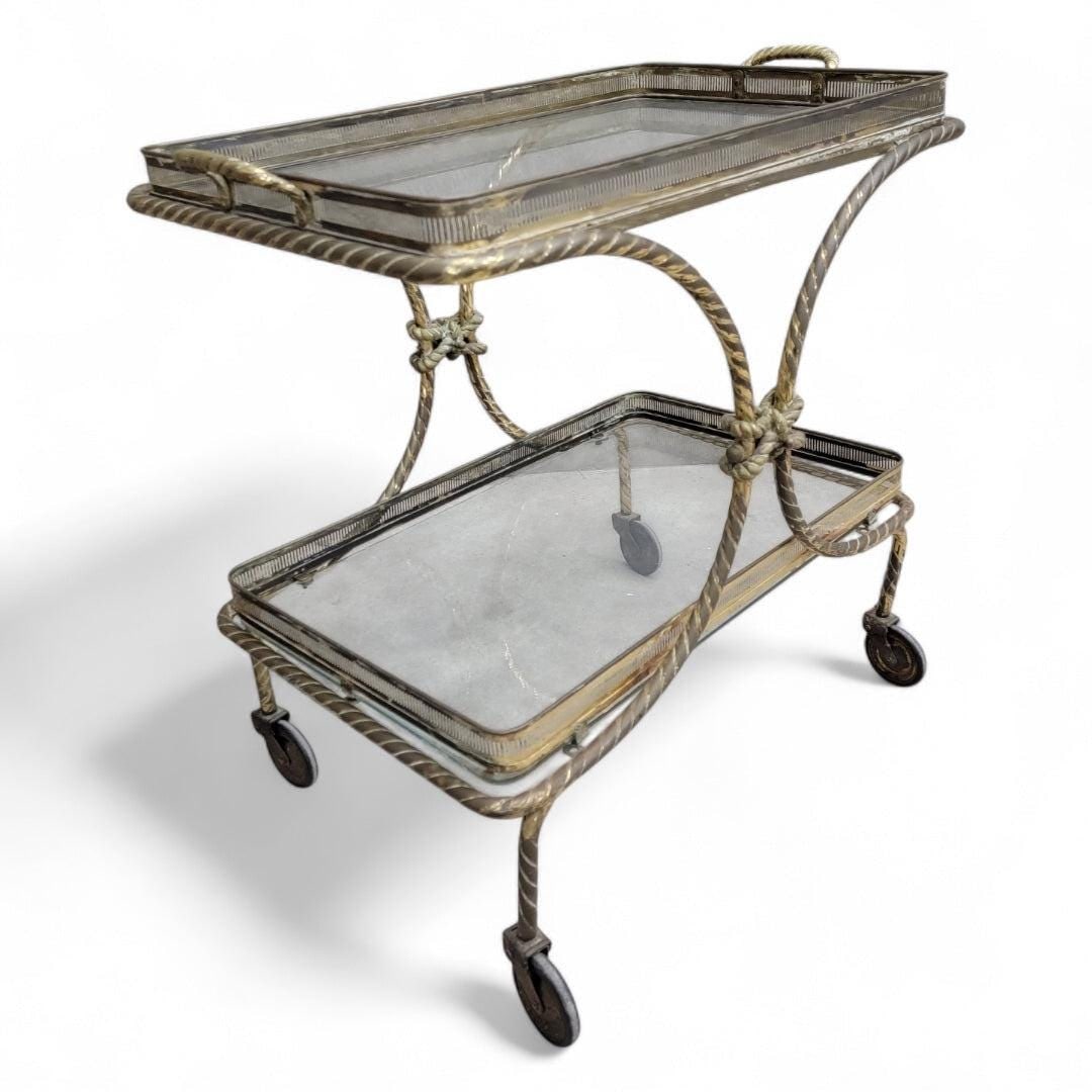 Mid Century French Bagues Style Brass Rope Bar Cart: Mid Century French Bagues Style Brass Rope Bar Cart on Wheels with Removable TrayThis Mid Century French Bagues Style Brass Rope Bar Cart combines elegance and functionality, making it an ideal