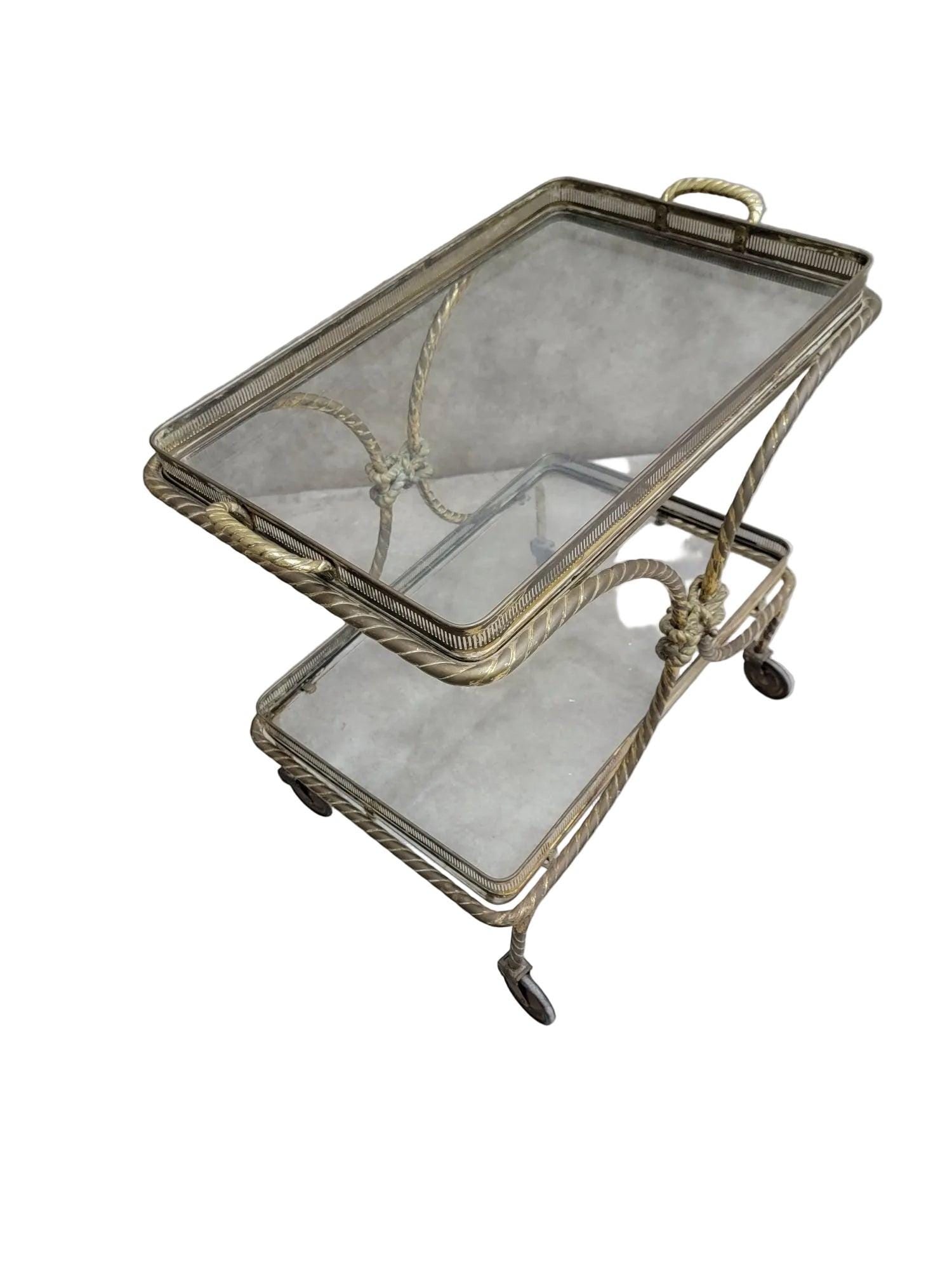Mid Century French Bagues Style Brass Rope Bar Cart - 6