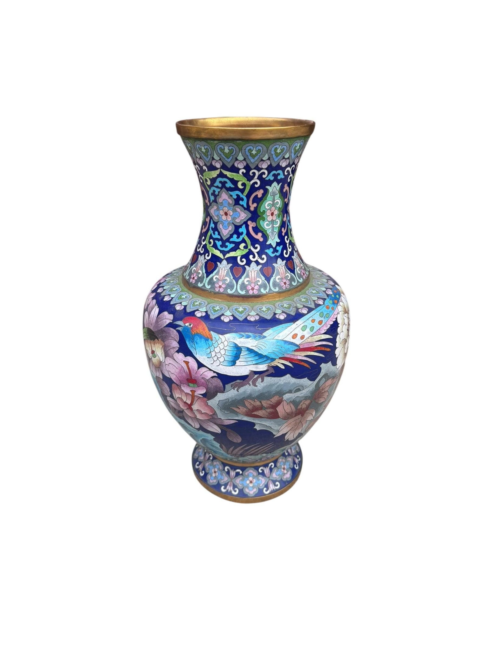 Vintage Chinese Cloisonné Floral Design Vase: Vintage Chinese Cloisonné Floral Design VaseChinese floral patterned, lobed shaped cloisonné enameled and gilded vase. Stunning floral details with gold finish top and base.Circa Mid 20th