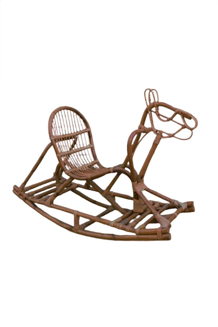MCM Italian Wicker Rocking Horse: Mid Century Modern Italian Wicker Rocking Horse Attributed to AlbiniAn absolutely fabulous sculptural mid century modern Italian wicker and rattan rocking horse by designer, Franco Albini. This