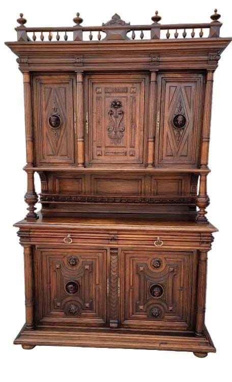 Antique French Gothic Figural Carved Chateau Sideboard Cabinet (1 of 7)