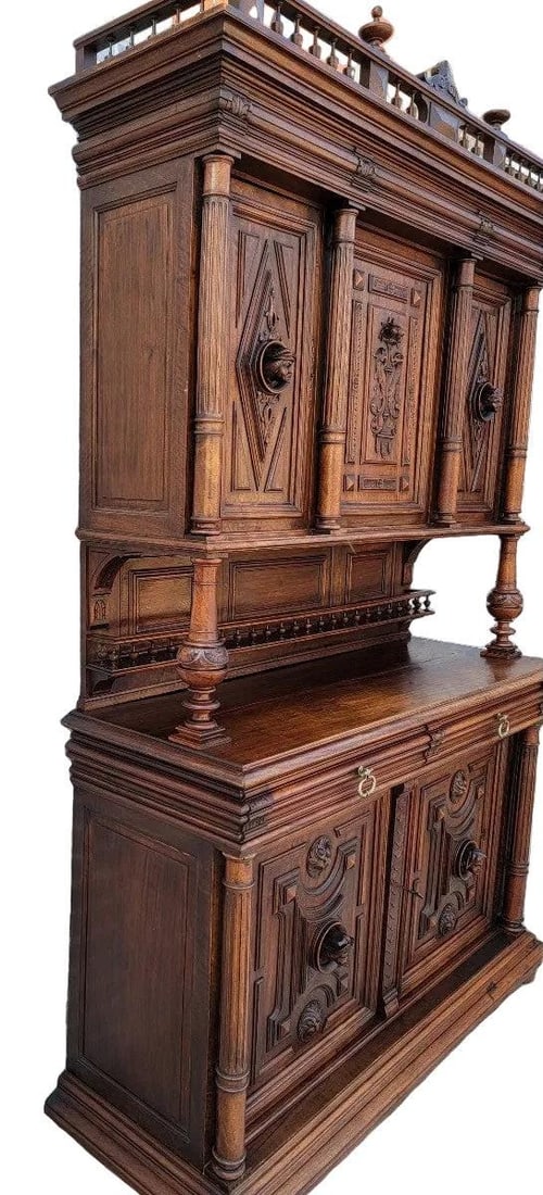 Antique French Gothic Figural Carved Chateau Sideboard Cabinet - 3