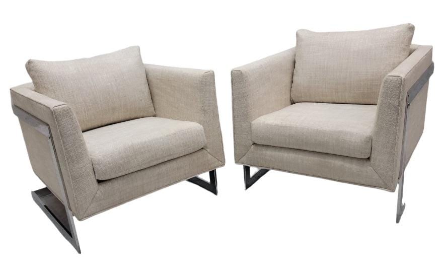MCM Milo Baughman Cantilever Chairs Newly Reupholstered - Pair: Mid Century Modern Milo Baughman Chrome Flat Bar Cantilever Club Chairs Newly Reupholstered in Natural Linen Boucle - Pair Classic & iconic pair of mid century modern Milo Baughman designed